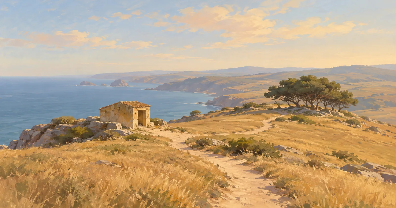 A coastal path passes an ochre shelter and a cluster of low trees beside a muted blue sea.