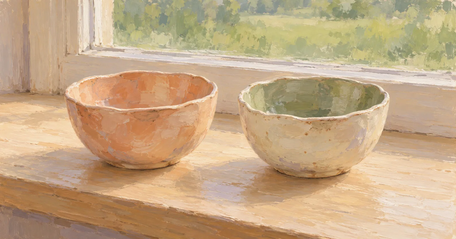 Two handmade ceramic bowls with peach and sage glazes sit side by side on a sunlit windowsill.