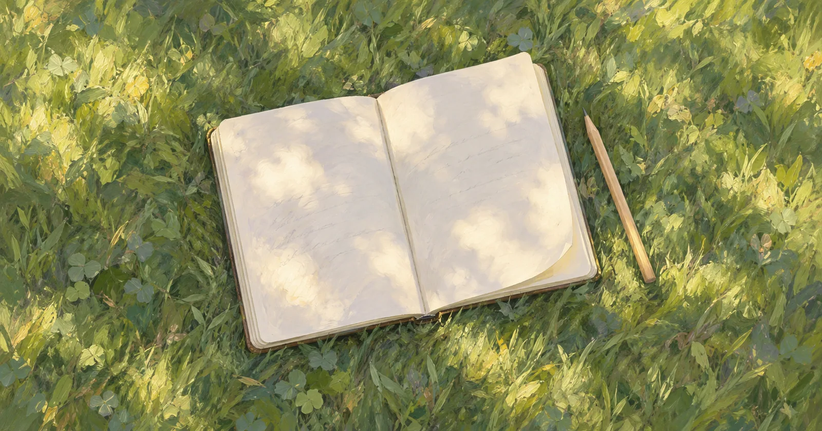 An open journal and wooden pencil on grass in soft dappled afternoon light.