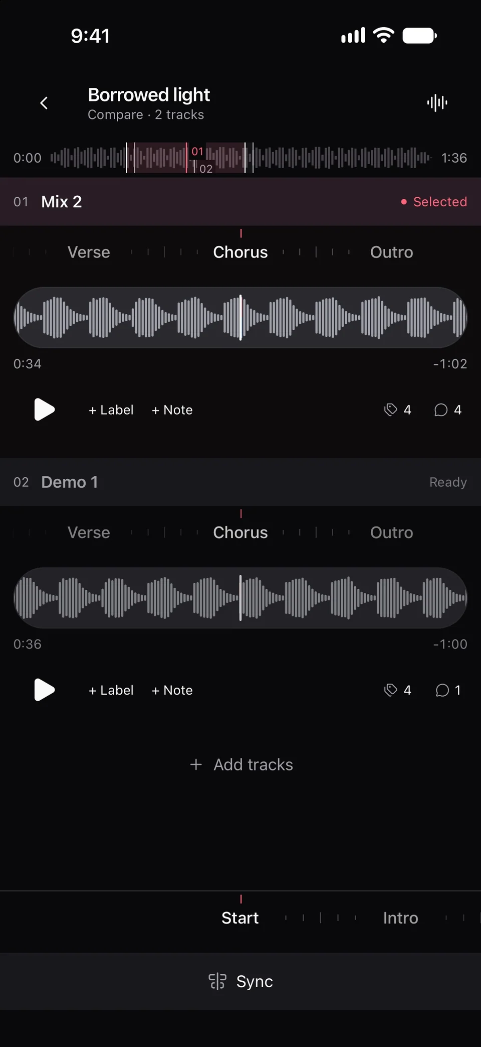 Mix 2 and Demo 1 in comparison, each paused at its Chorus label: 0:34 in Mix 2 and 0:36 in Demo 1.