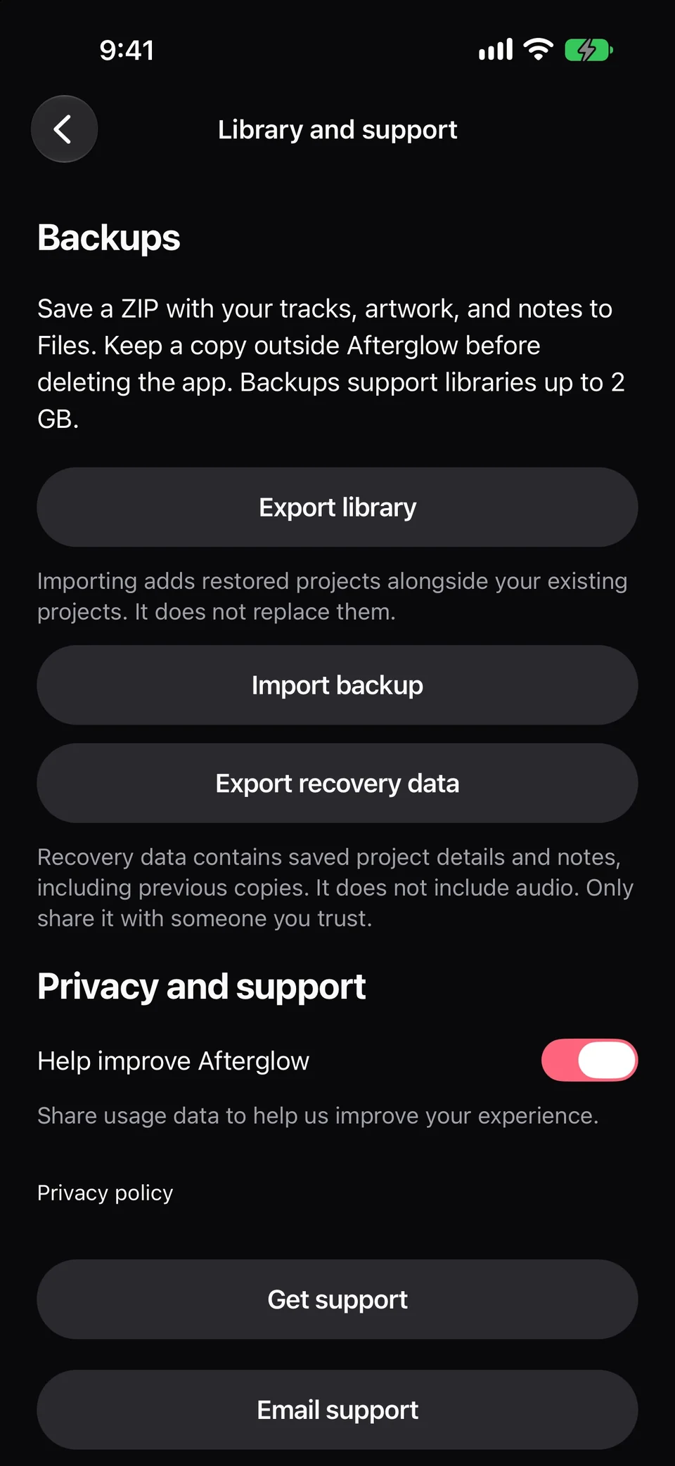 Library and support has Export library, Import backup, Export recovery data, a Help improve Afterglow switch, and support links.