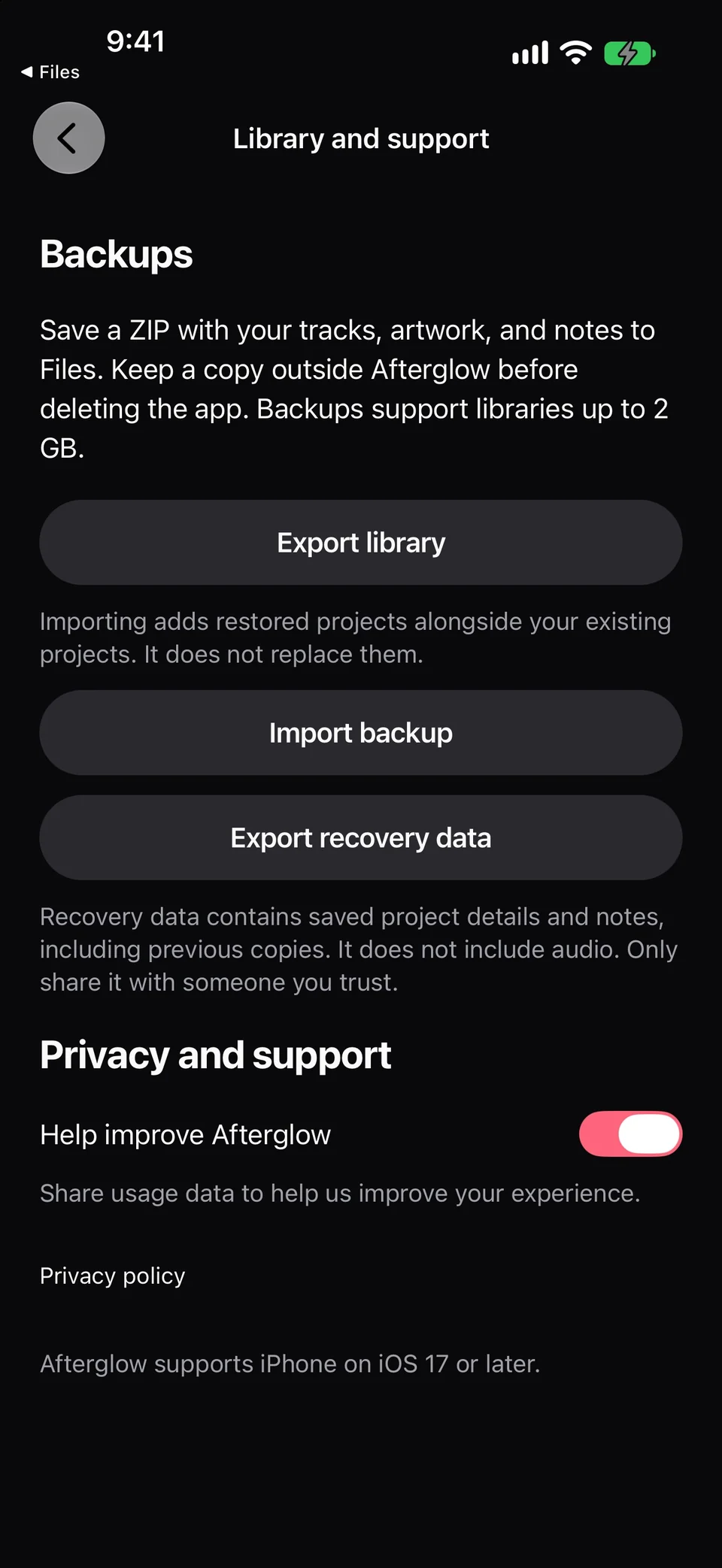 Library and support has Export library, Import backup, Export recovery data, and a usage-data preference.