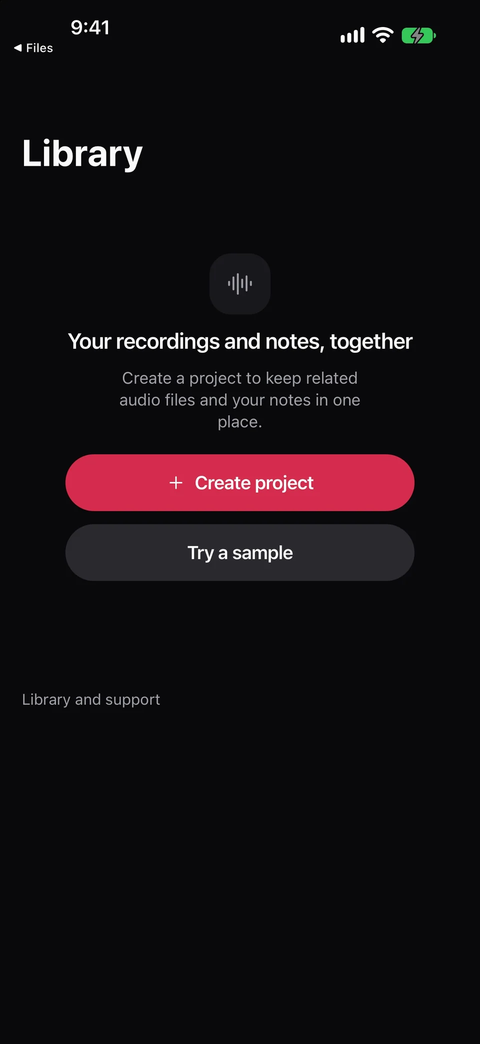 The empty Afterglow library offers Create project and Try a sample.
