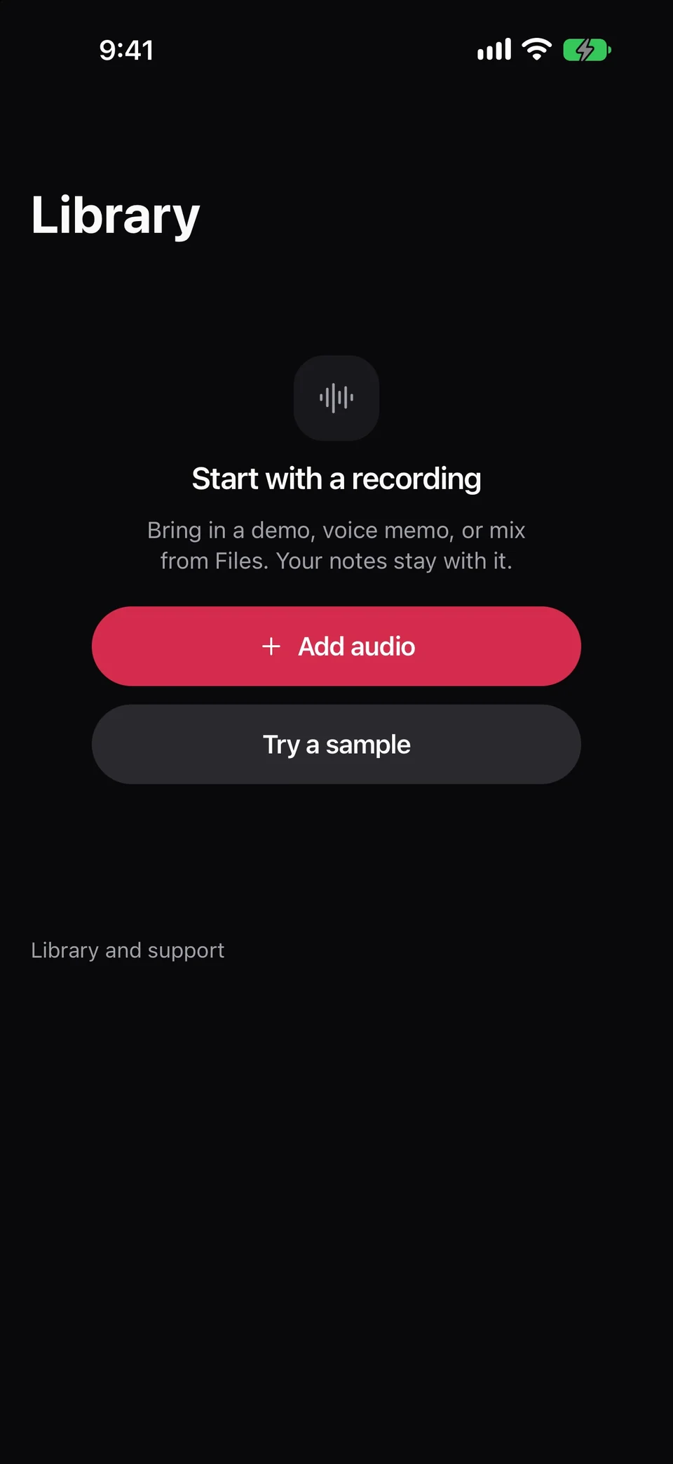 The empty Afterglow library says Start with a recording and offers Add audio and Try a sample.