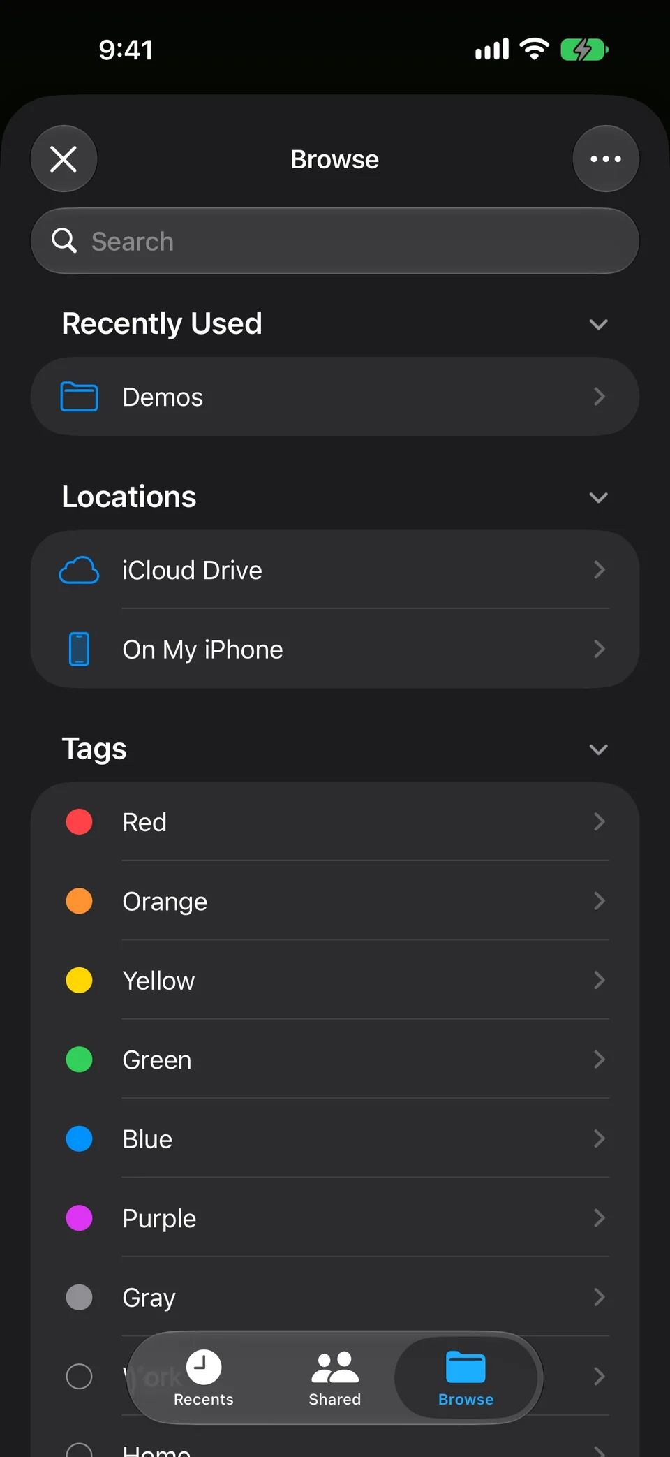 The Files picker opened from Add audio, browsing On My iPhone with the Demos folder.