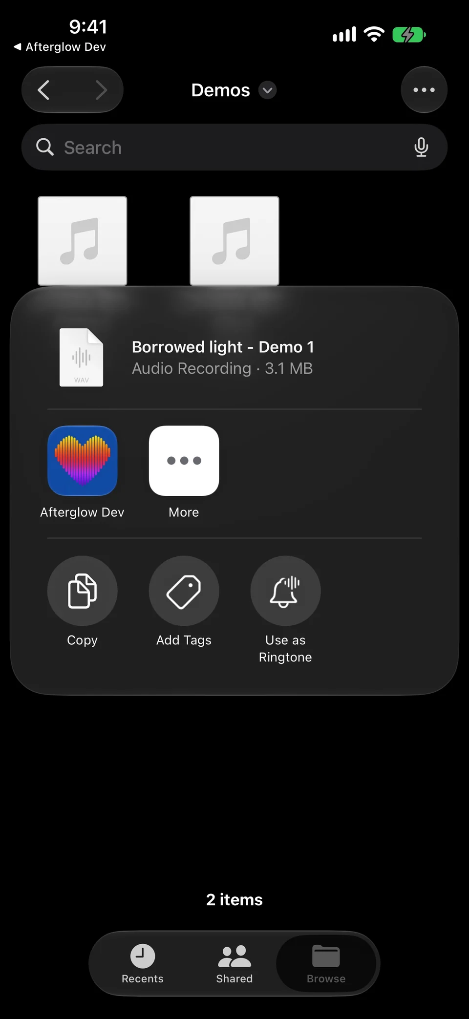 The Files share sheet for Borrowed light - Demo 1, with Afterglow Dev in the app row.