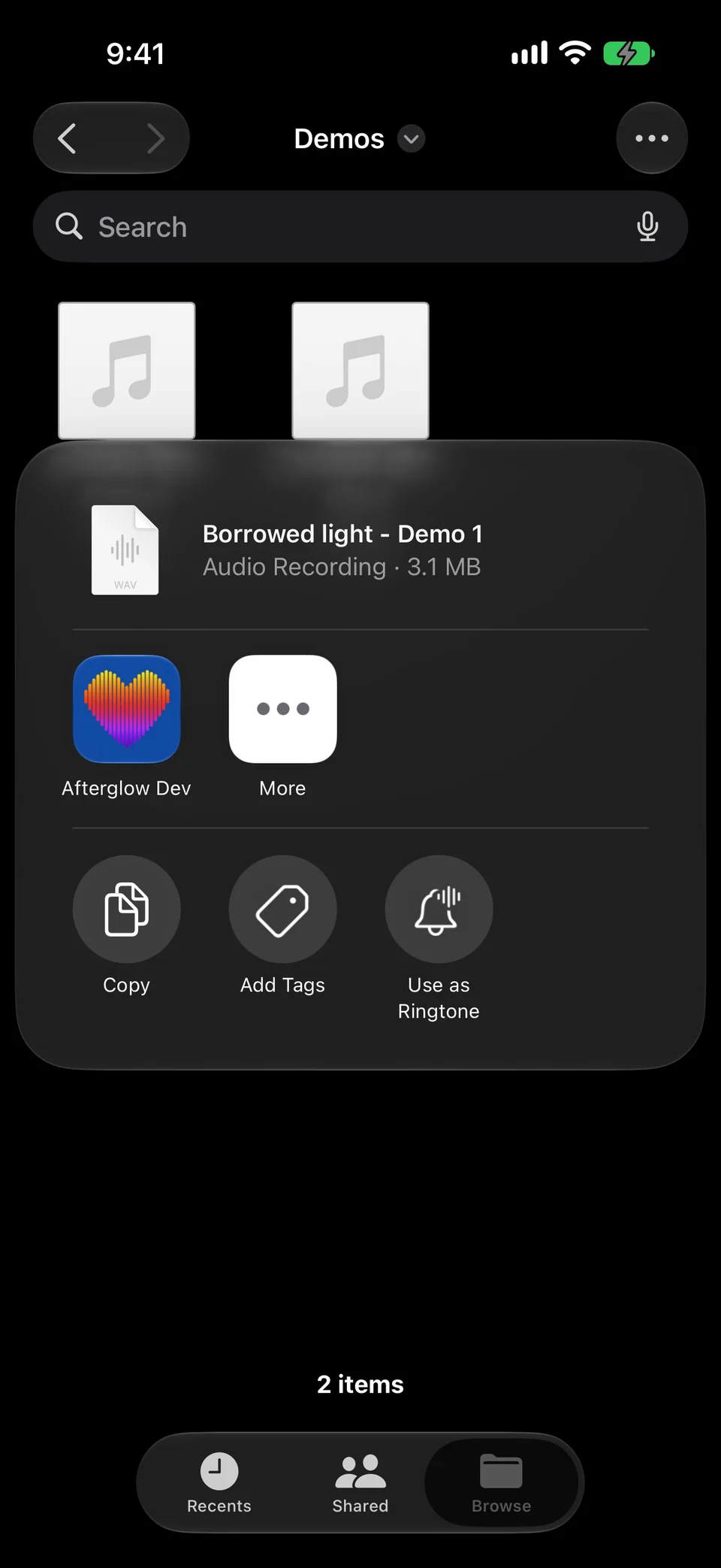 The Files share sheet for Borrowed light - Demo 1, with Afterglow Dev in the app row.