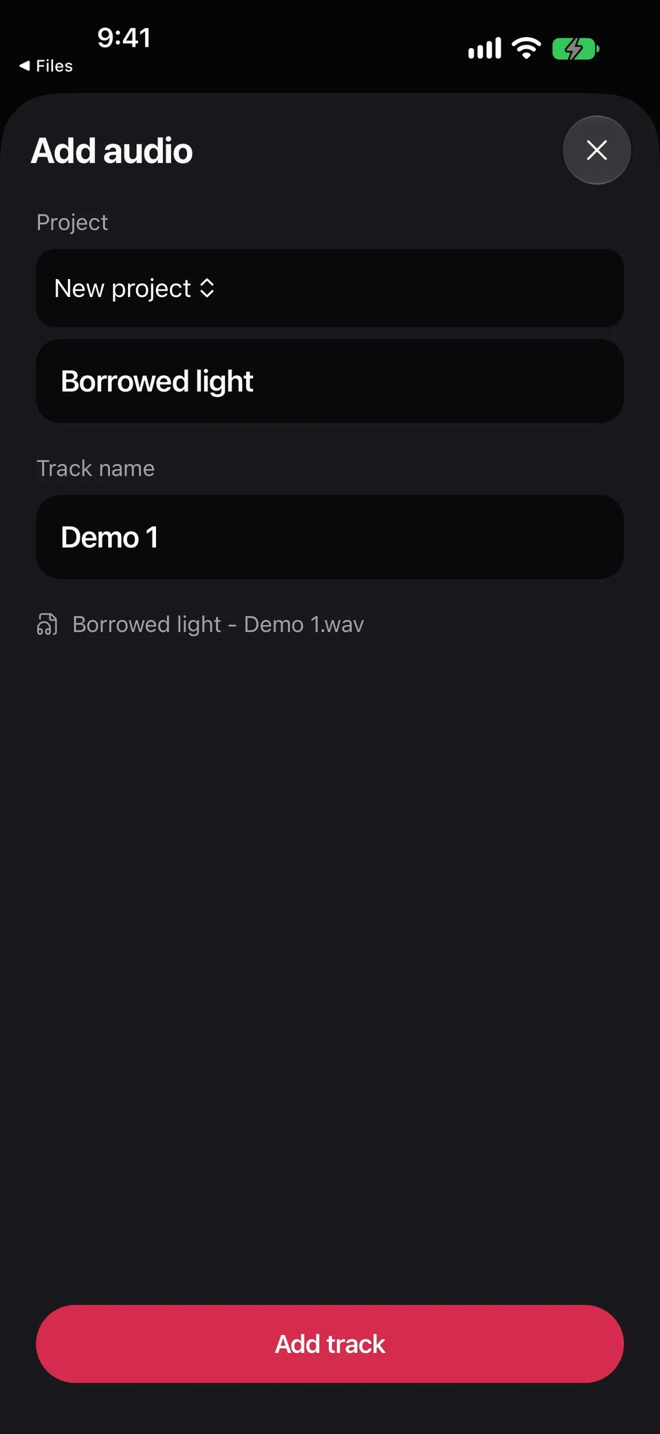 Add audio with New project selected, Borrowed light as the project name, Demo 1 as the track name, and Add track at the bottom.