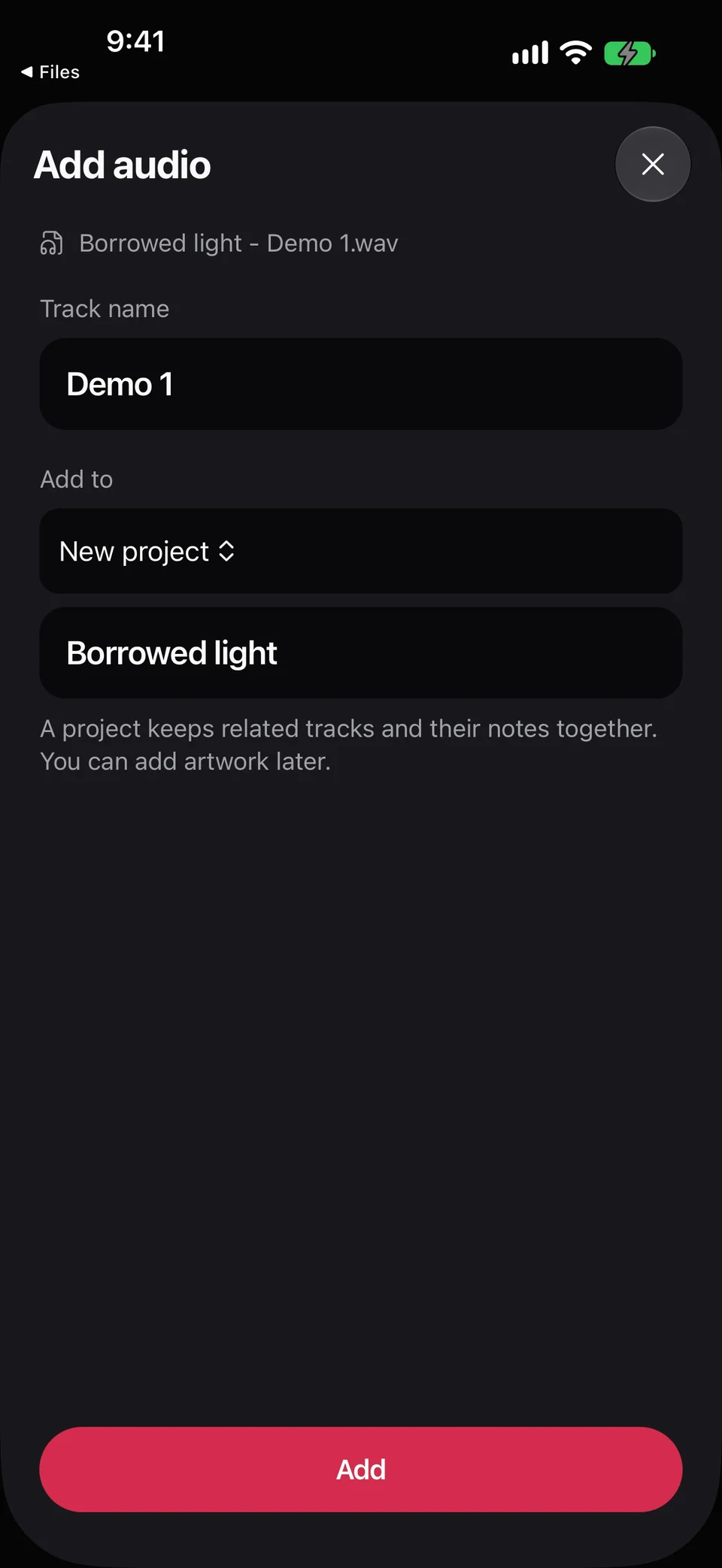 Add audio for Borrowed light - Demo 1.wav, with Demo 1 as the track name, Add to set to New project, Borrowed light as the project name, and the Add button at the bottom.