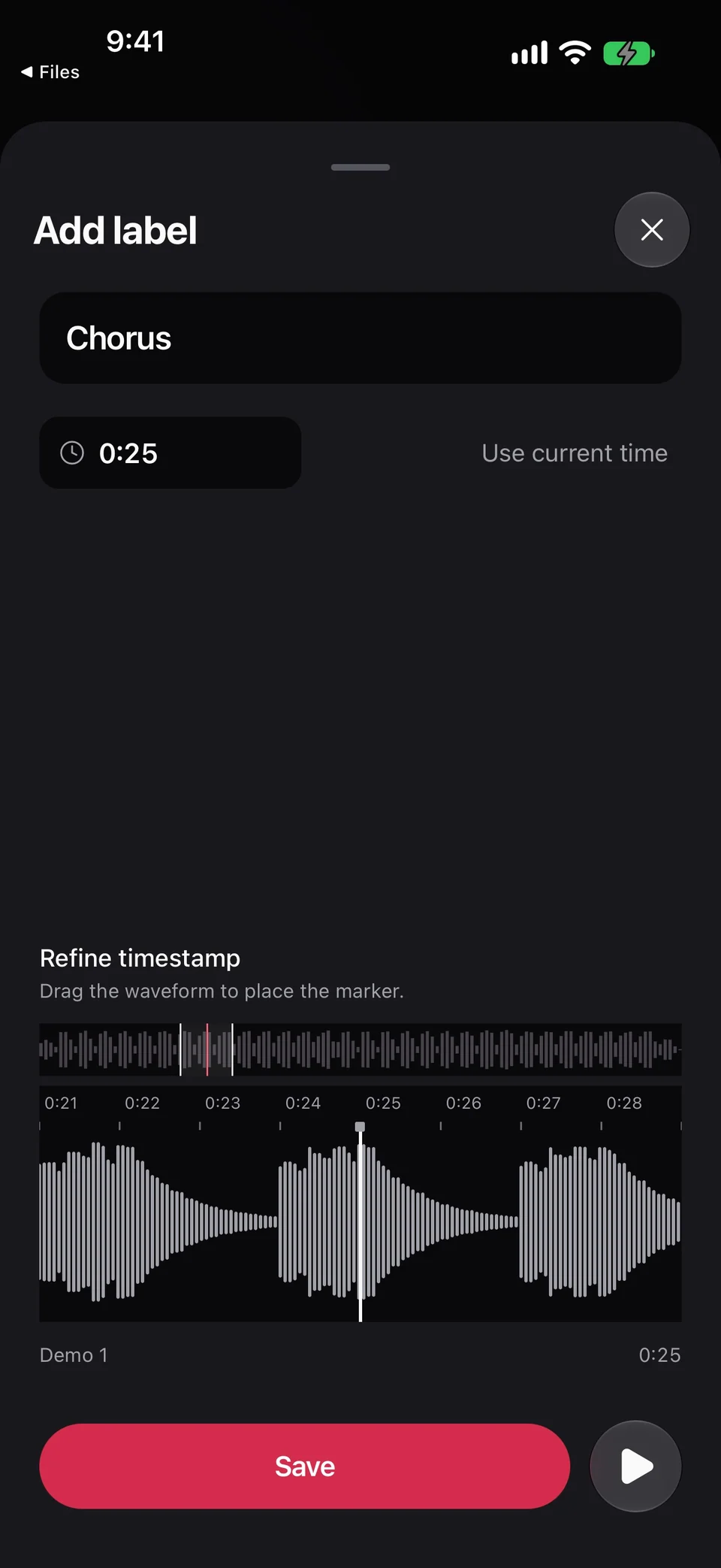 Add label with Chorus at 0:25, a refinement waveform, and Save.