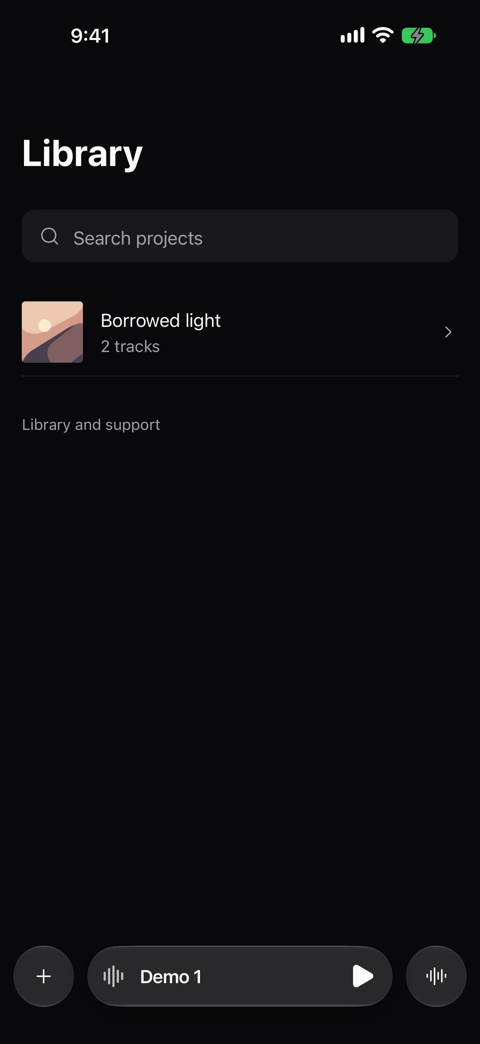 Library shows Borrowed light with two tracks, a project search field, and Library and support.
