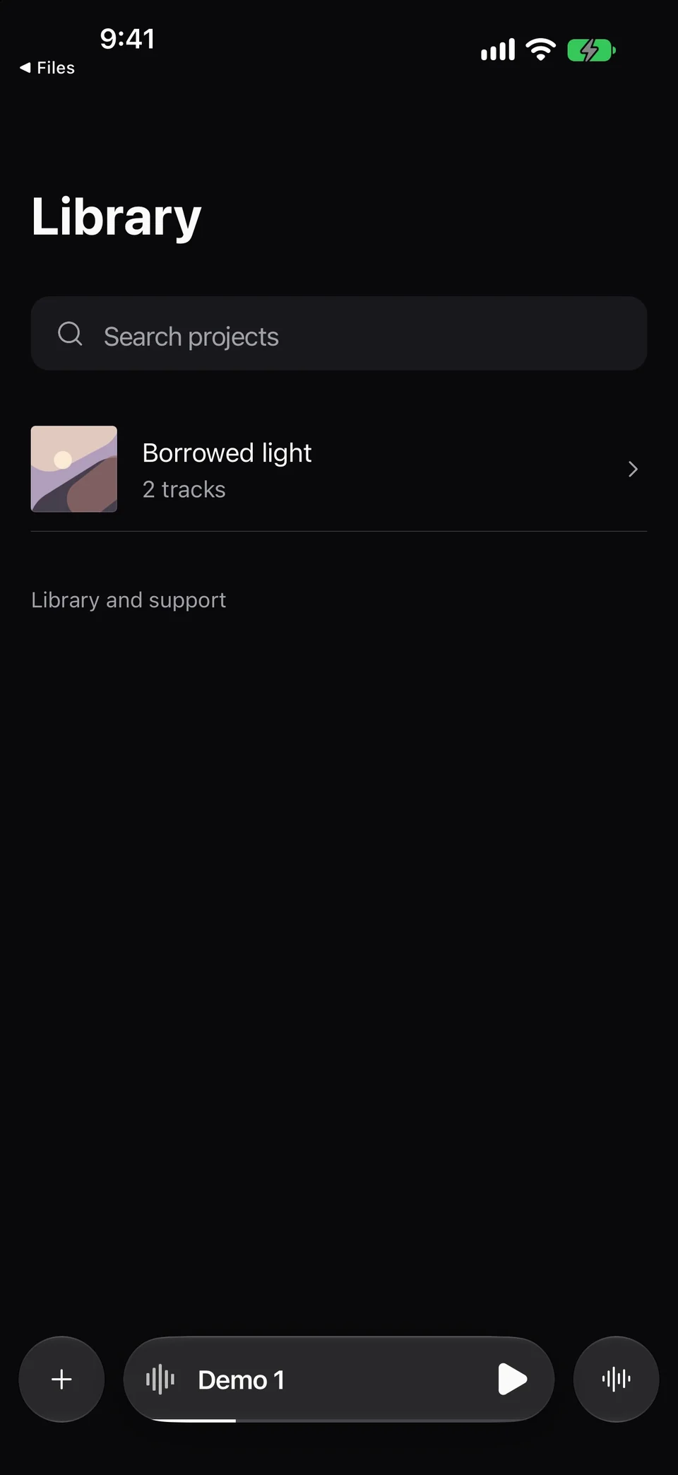 Library shows Borrowed light with two tracks, a project search field, and Library and support.