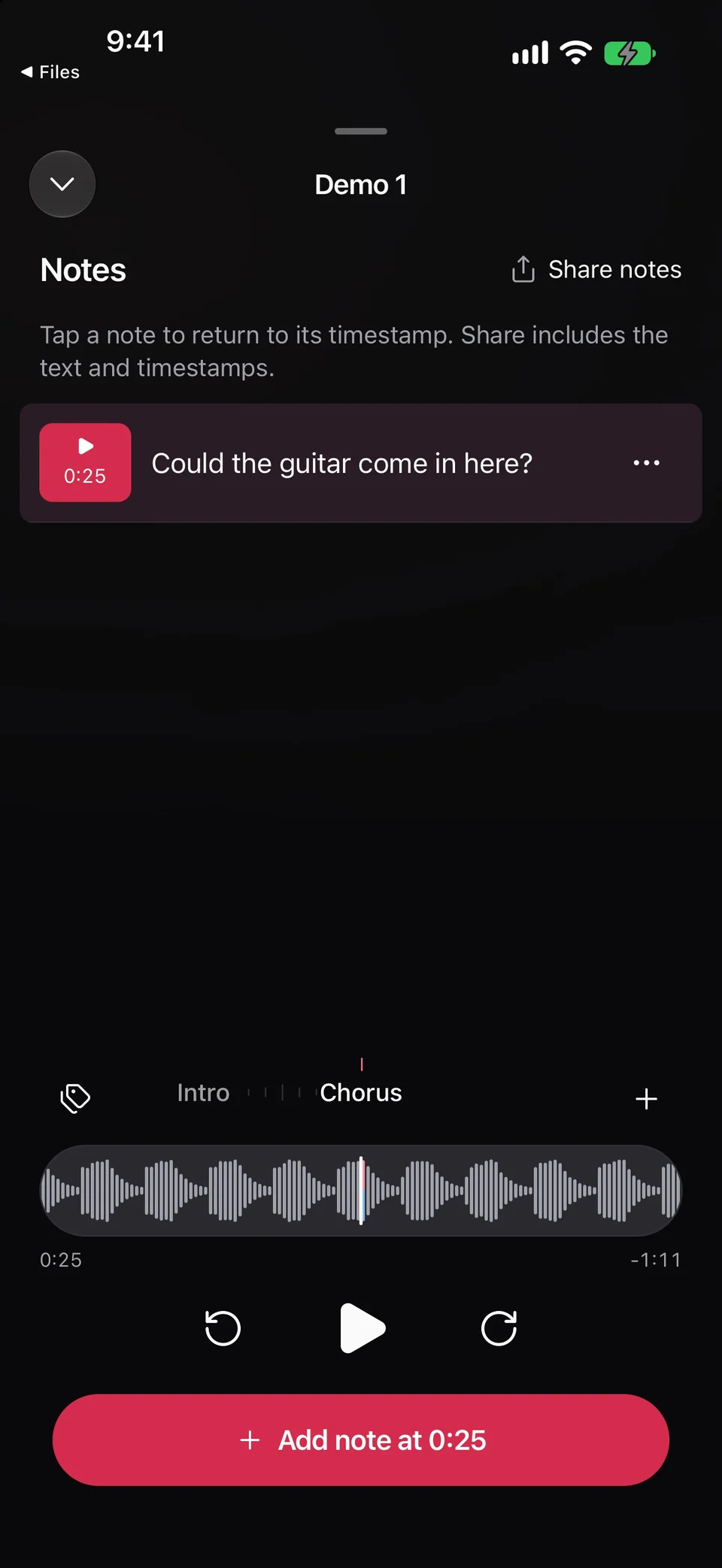 Demo 1 paused at 0:25 in the player, with the guitar note, an Intro and Chorus label strip, the waveform, playback controls, and Add note at 0:25.