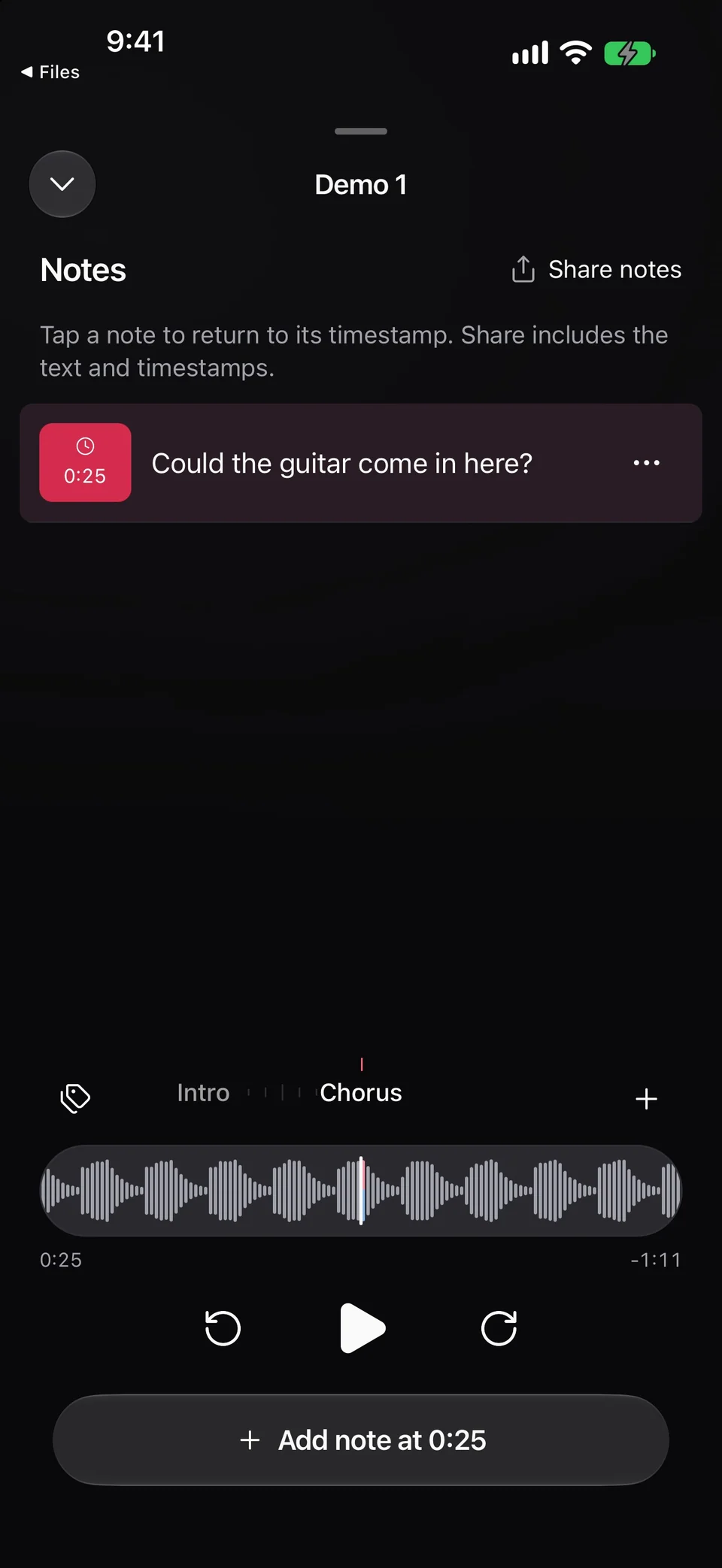 Demo 1 paused at 0:25, with its guitar note, Chorus label, waveform, playback controls, and Add note button.