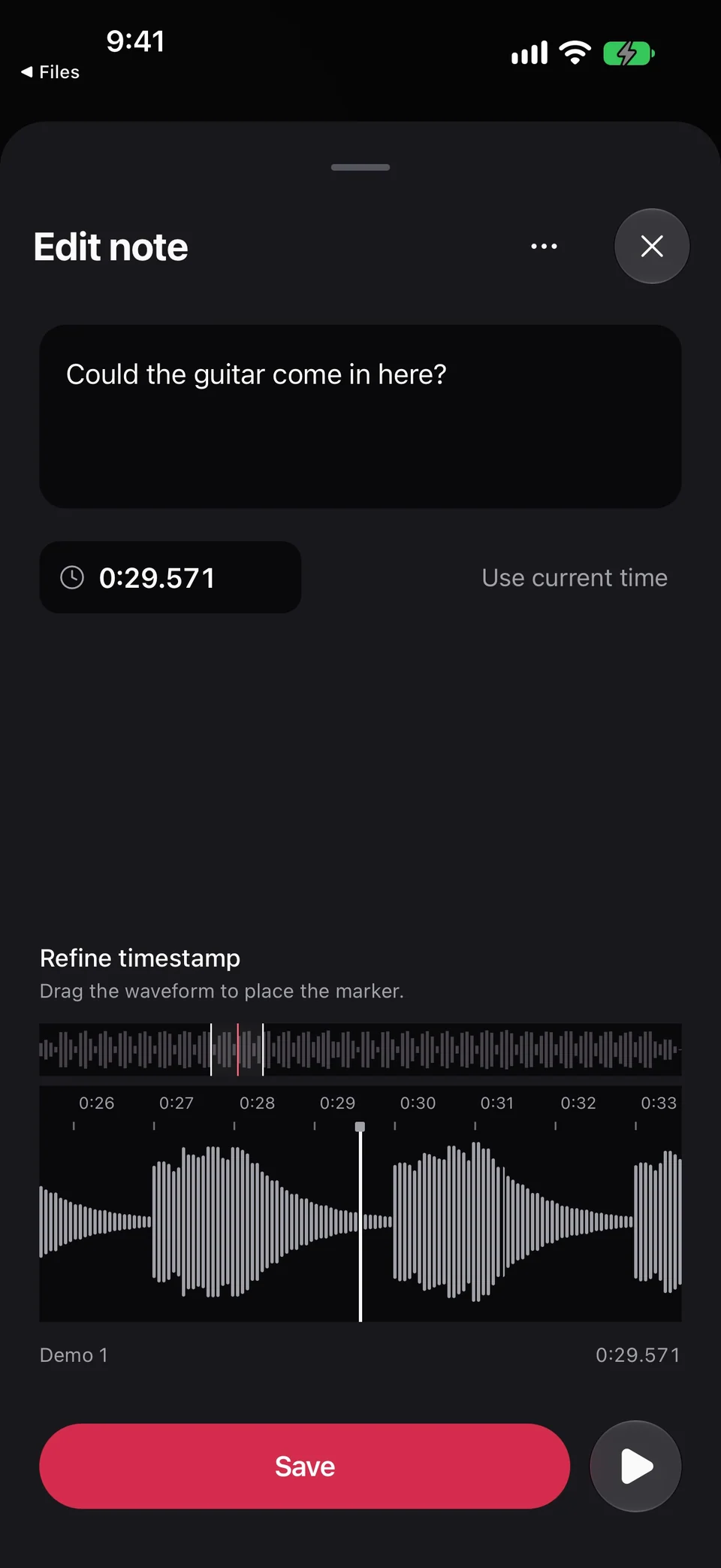 Edit note after dragging the refinement waveform to move the guitar comment from 0:25 to 0:29.7, with the keyboard closed and Save below.
