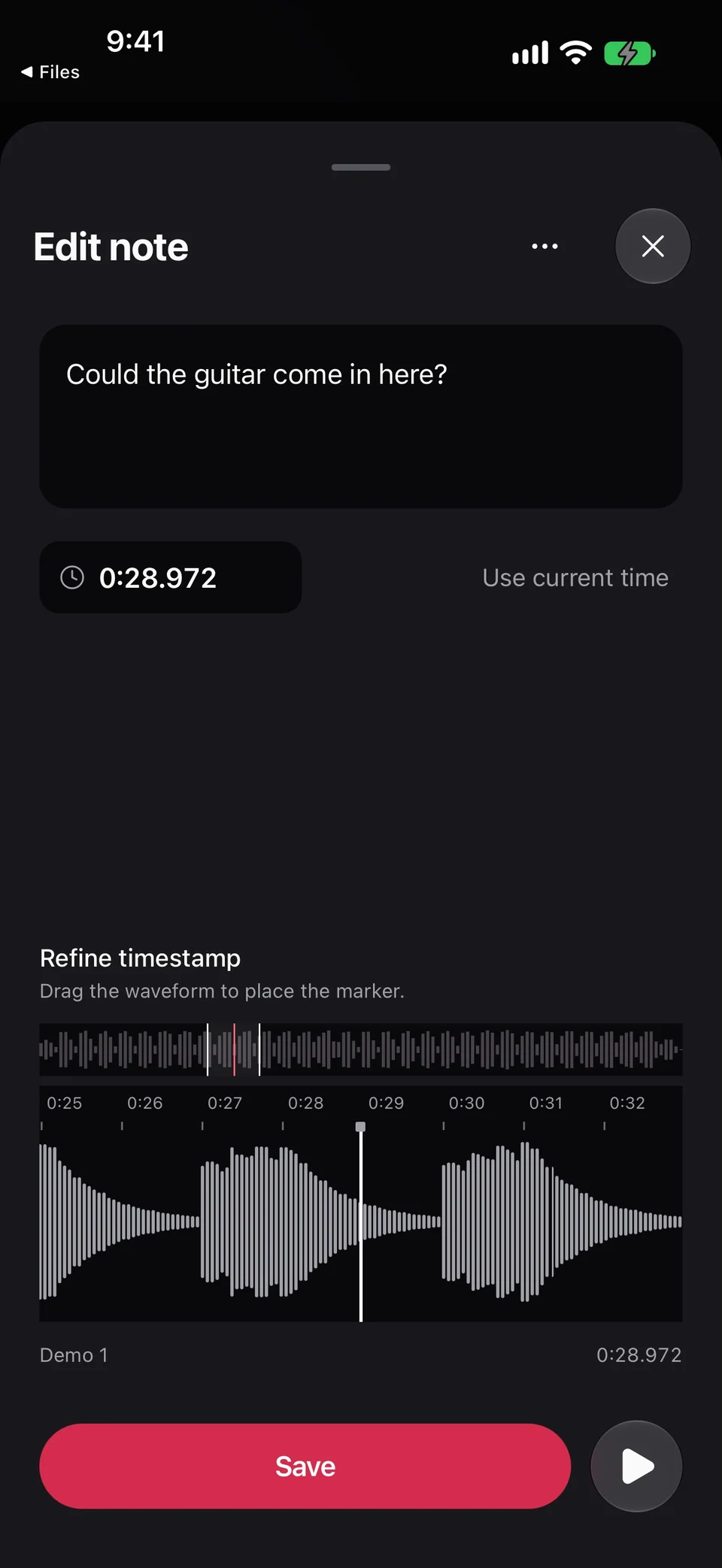 Edit note after dragging the refinement waveform to move the guitar comment from 0:25 to about 0:29.