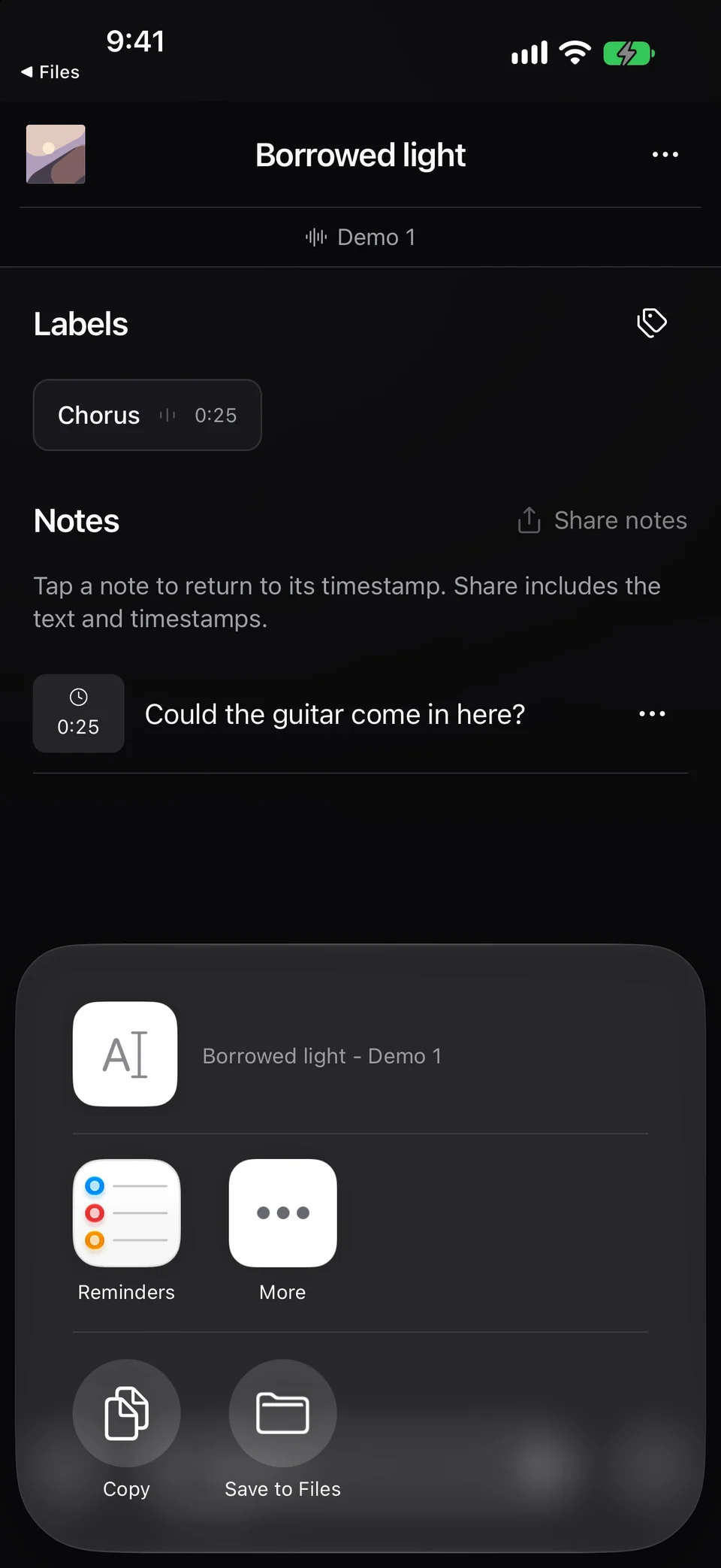The iPhone share sheet over Demo 1 offers Copy and Save to Files for its notes.