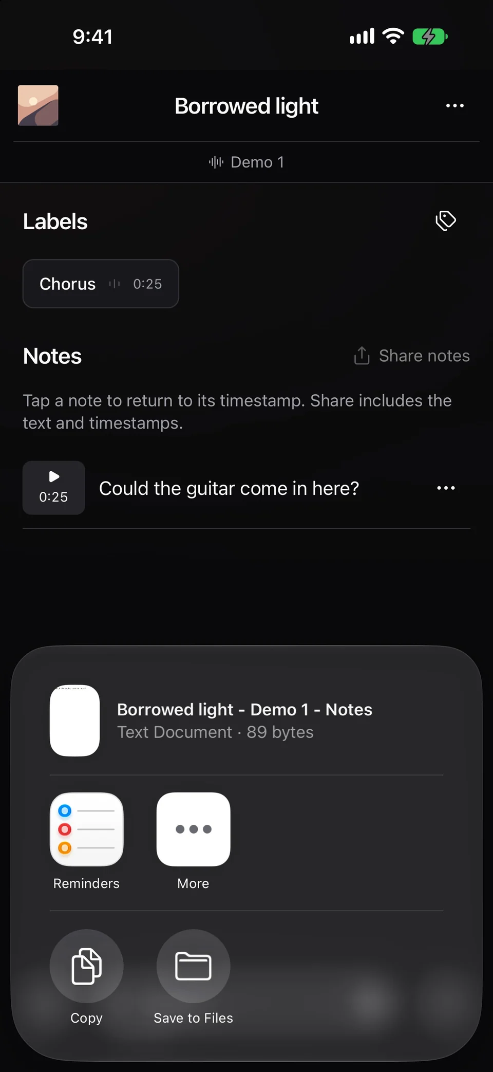 The iPhone share sheet over the Borrowed light project offers Copy and Save to Files for the text file Borrowed light - Demo 1 - Notes.