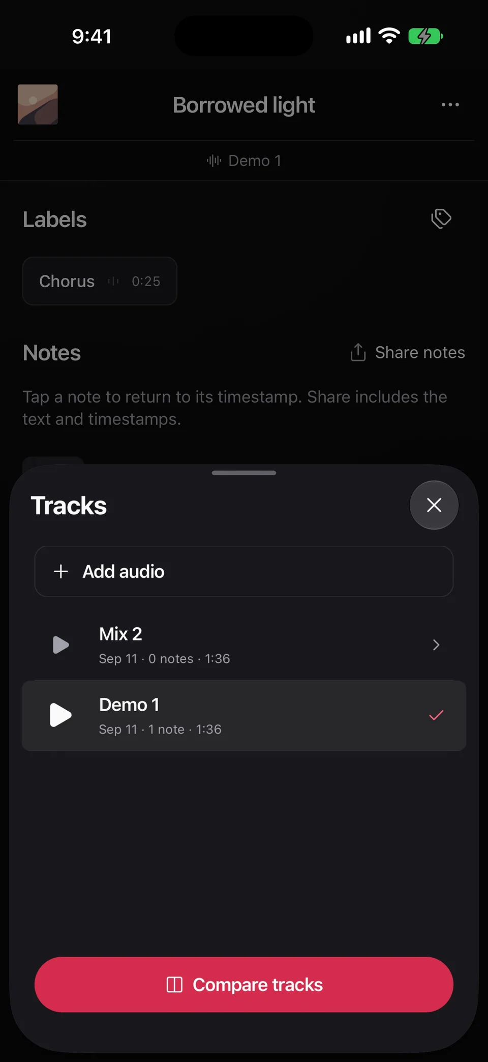 Tracks lists Mix 2 with no notes and Demo 1 with one note, above Compare tracks.