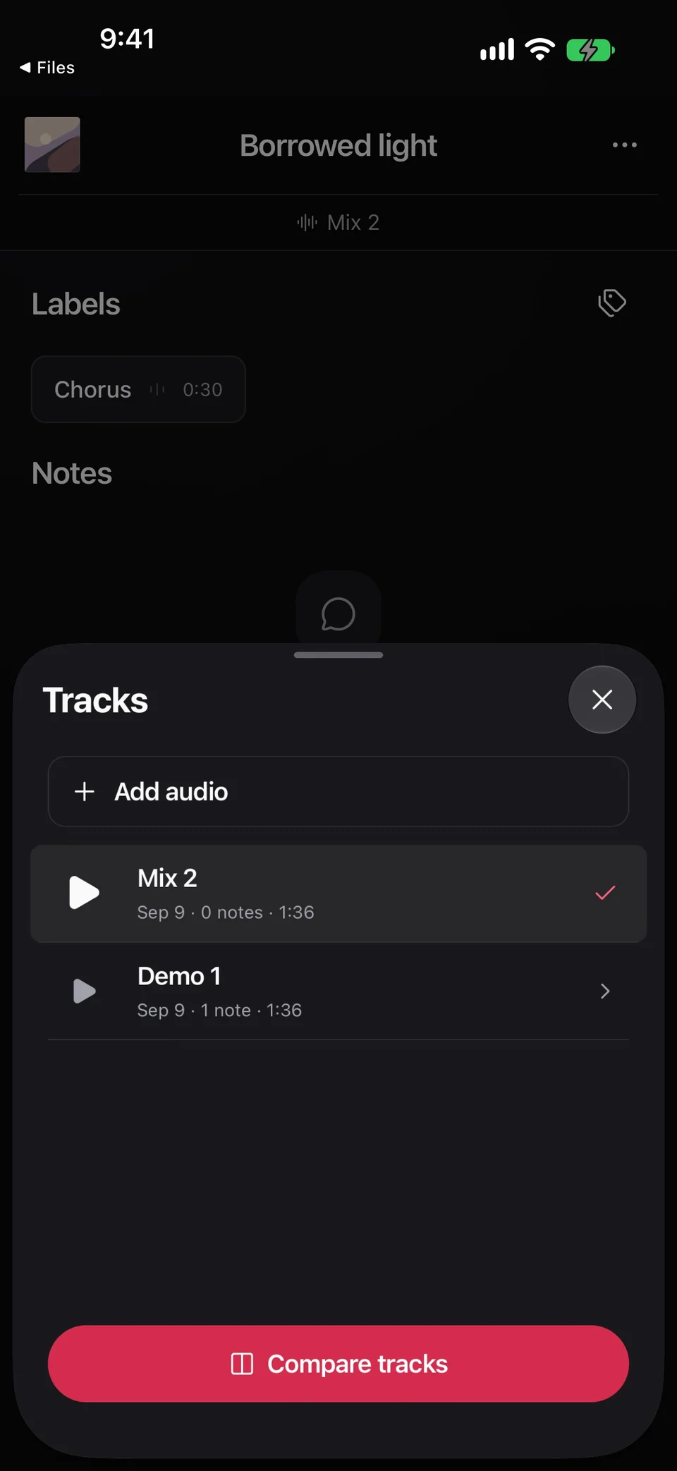 Tracks lists Mix 2 with no notes and Demo 1 with one note, above Compare tracks.