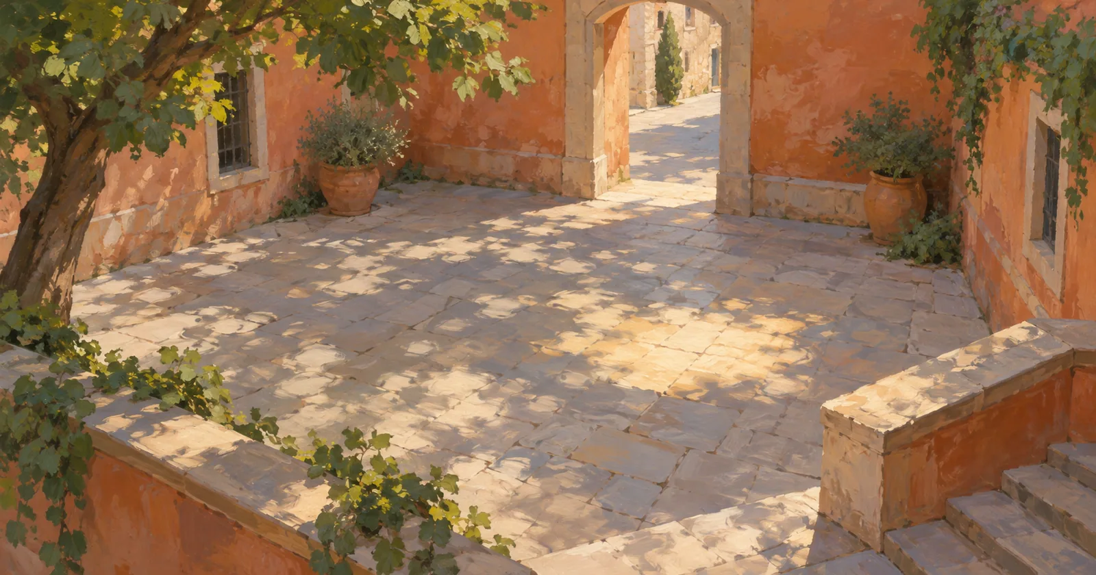 Soft tree shade and a patch of warm sunlight cross the pale paving of a terracotta courtyard.
