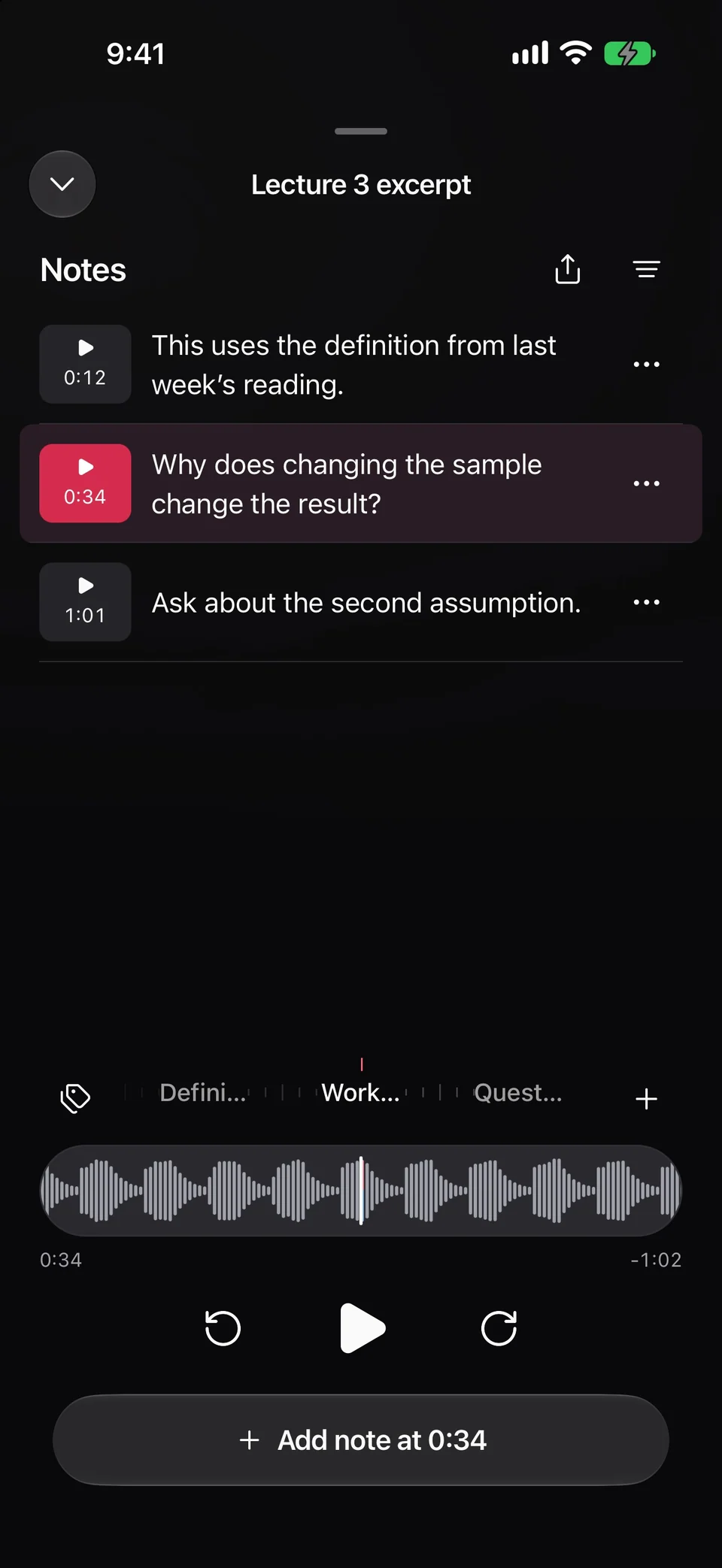 Lecture 3 excerpt paused at 0:34 beside the saved question Why does changing the sample change the result.