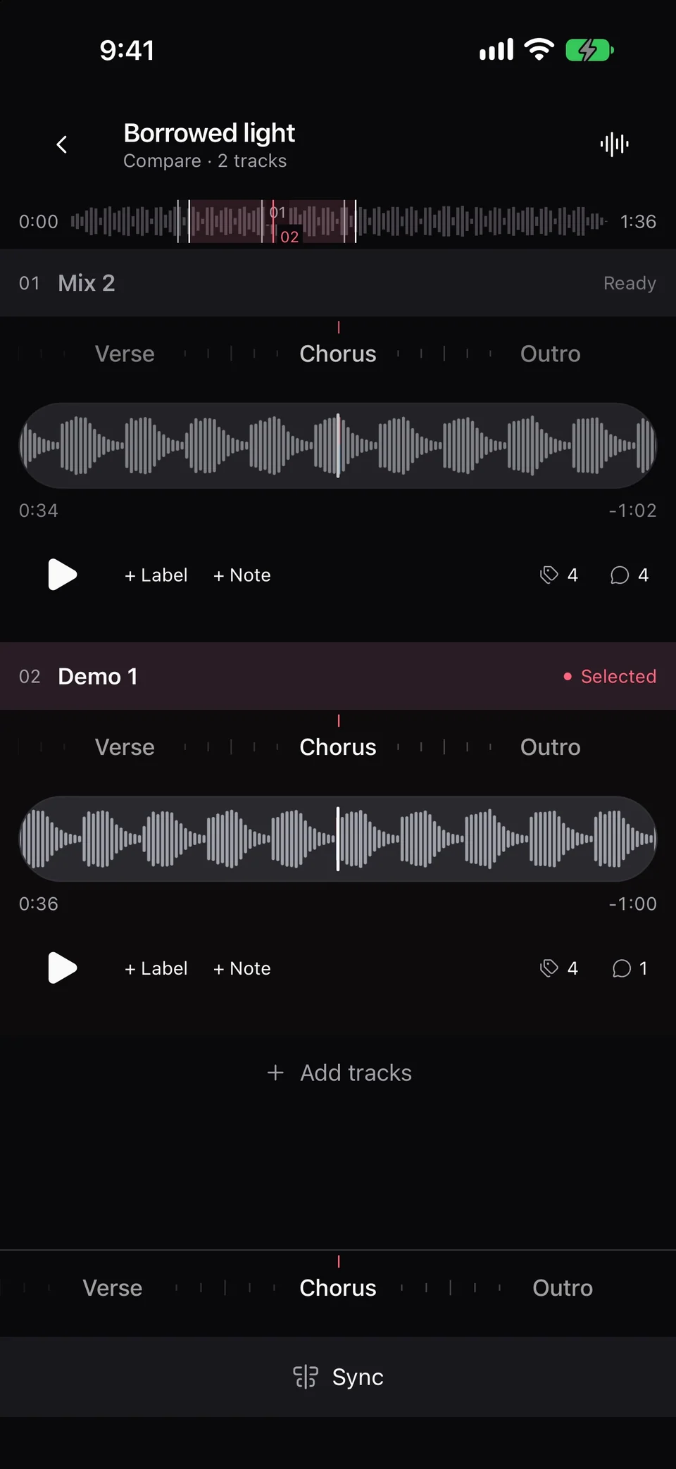 Mix 2 and Demo 1 paused at their Chorus labels, at 0:34 and 0:36 respectively, with Demo 1 selected.