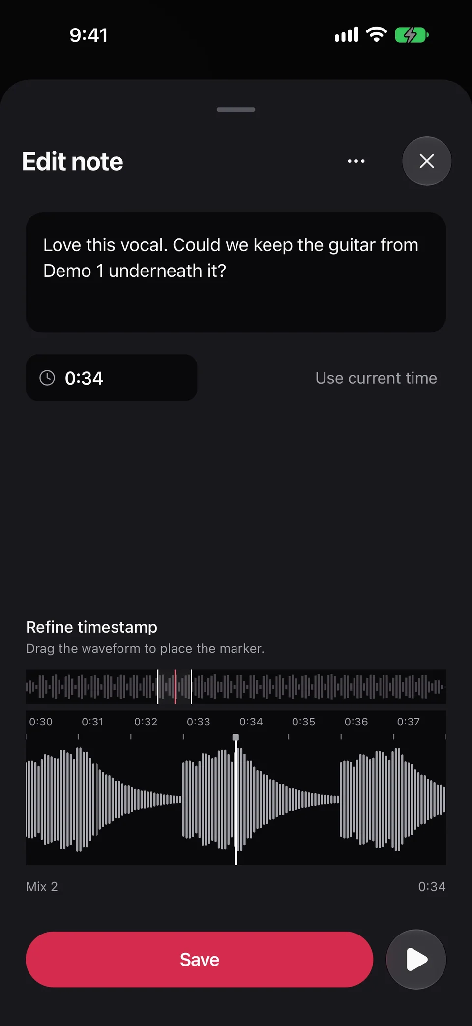 Edit note shows the Mix 2 guitar comment at 0:34, a waveform for refining its position, and Save.