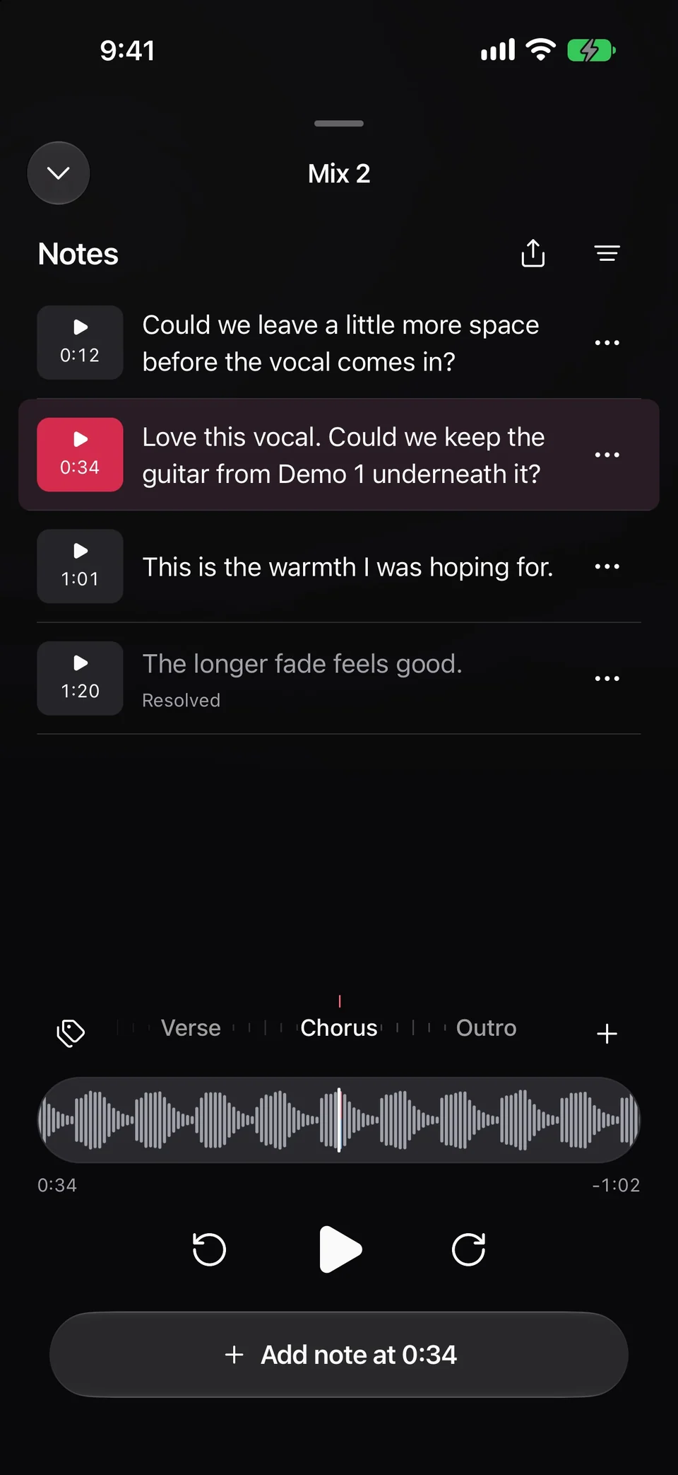 Mix 2 paused at 0:34 with a note about keeping the guitar from Demo 1, a waveform, and Add note at 0:34.