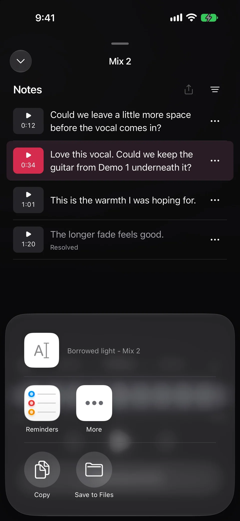 The iPhone share sheet for Borrowed light, Mix 2, with Copy and Save to Files beneath its notes.