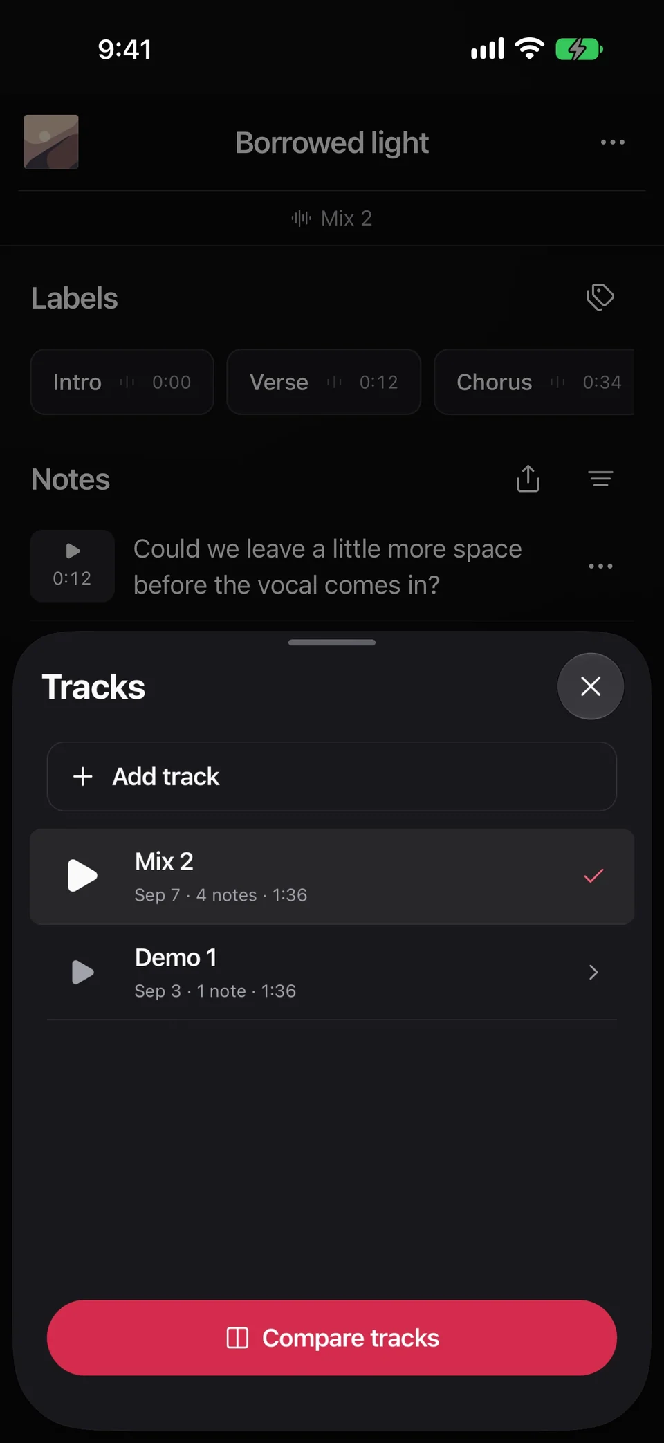 The Tracks sheet lists Mix 2 with four notes and Demo 1 with one note, above the Compare tracks button.
