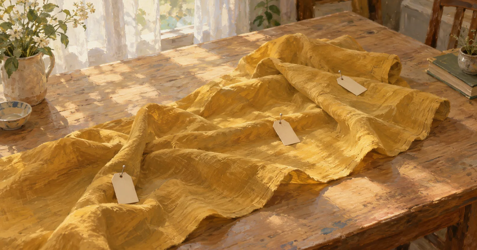 Plain paper tags mark places on ochre fabric spread across a wooden worktable.