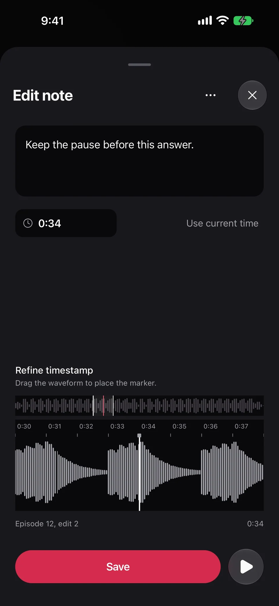Edit note shows Keep the pause before this answer, timestamp 0:34, a refinement waveform, and Save.