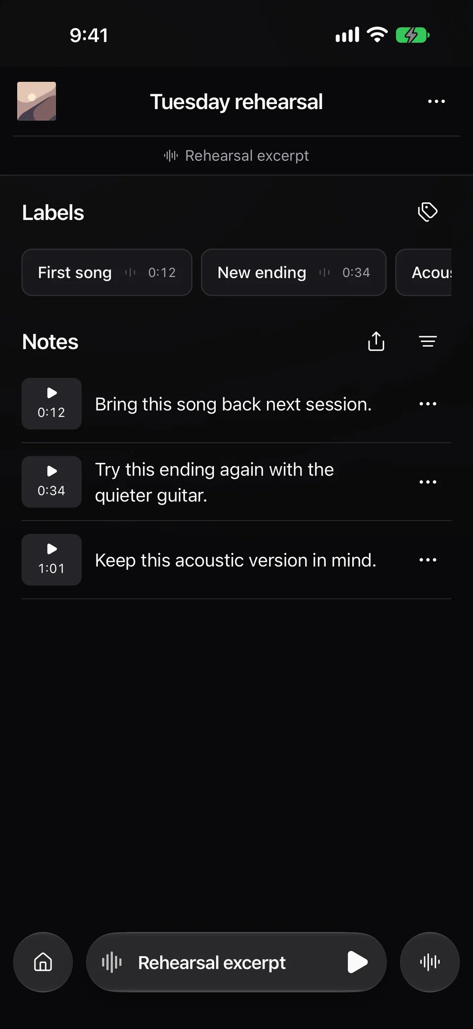 Tuesday rehearsal with First song at 0:12, New ending at 0:34, and three rehearsal notes.