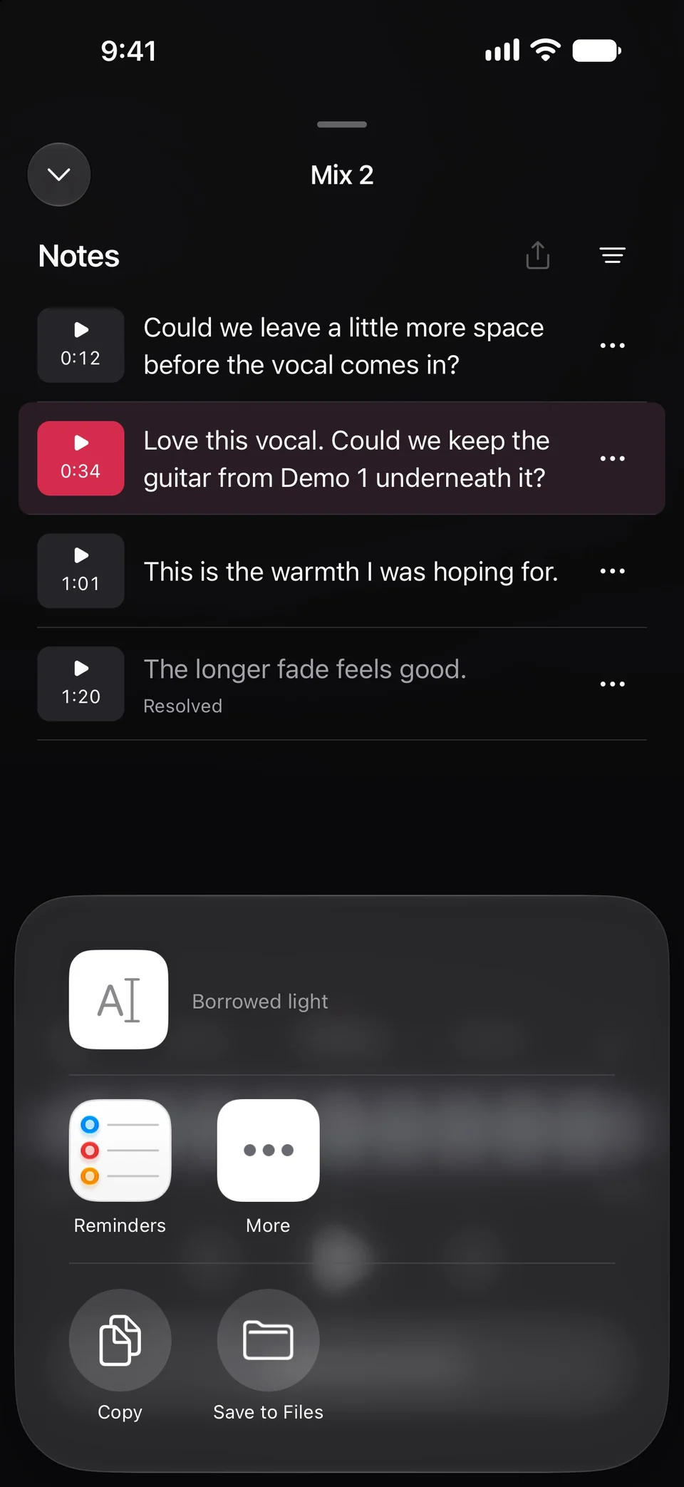 The iPhone share sheet open over Mix 2's notes, with options to copy the notes or save them to Files.