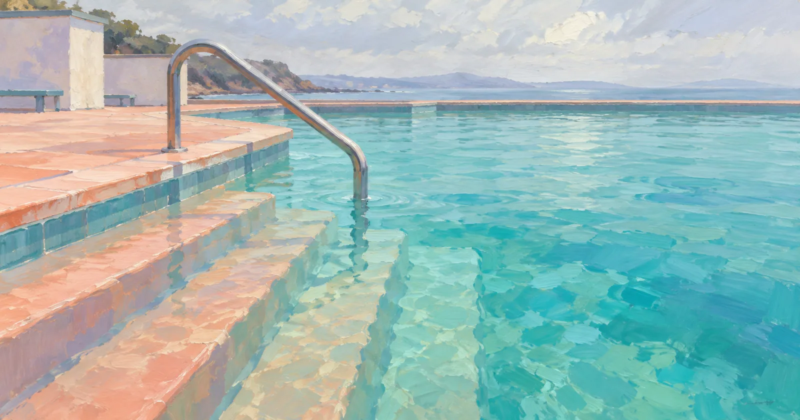 Pale coral steps and a curved handrail lead into the turquoise water of a quiet outdoor pool.