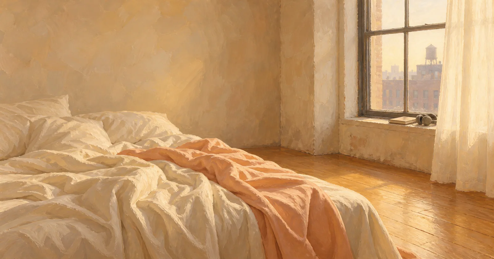 Warm morning light falls across rumpled linen in a Brooklyn loft, with headphones on the windowsill.